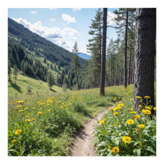 Impression Photo Trail forestier avec Fleurs sauvages jaunes