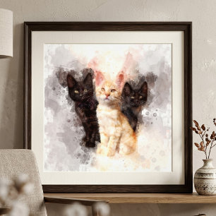 Impression Photo Trio aquarelle de mignons chatons noirs et orange
