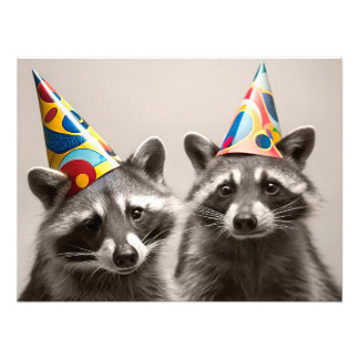 Impression Photo Two Raccoons Wearing Party Hats