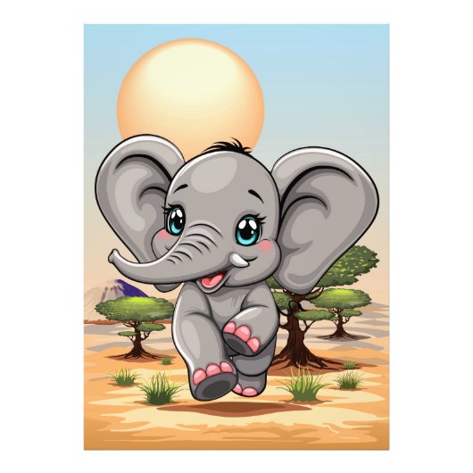 Impression Photo Un bébé éléphant qui sonne heureux dans la savane (Devant)