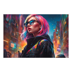 Impression Photo une fille dans la rue de nuit