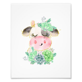 Impression Photo Vache à l'aquarelle avec succulentes