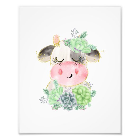 Impression Photo Vache à l'aquarelle avec succulentes (Devant)