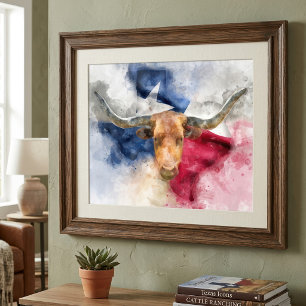 Impression Photo Vache Longhorn avec Texas Drapeau Carte Aquarelle
