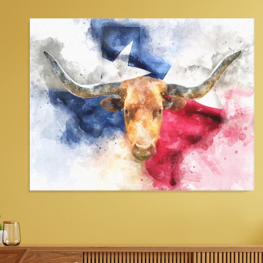 Impression Photo Vache Longhorn avec Texas Drapeau Carte Aquarelle