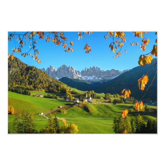 Impression Photo Val di Funes vallée avec imprimé feuille d'automne (Devant)