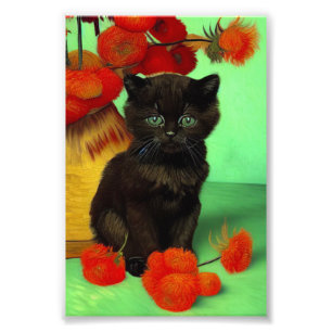 Impression Photo Van Gogh Black Kitten Fleurs rouges