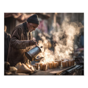 Impression Photo Vendeur de thé de rue fumant Lumière dorée du mati