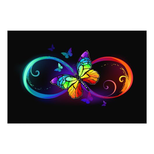 Impression Photo Vibrant infinity with rainbow butterfly on black (Devant)