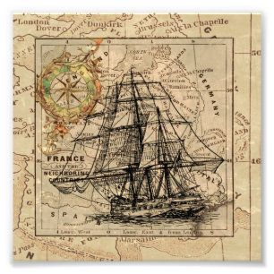 Impression Photo Vieux navire à voiles et ancienne carte de l'Europ
