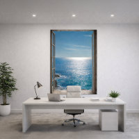 Vue d'océan bleu sur fenêtre ouverte Trompe L'oeil