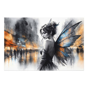 Impression Photo Watercolor fairy fille twilight ville de nuit magi