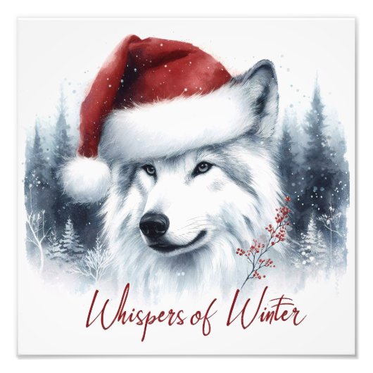 Impression Photo Whispers d'hiver - Wolf aquarelle à Santa Hat (Devant)