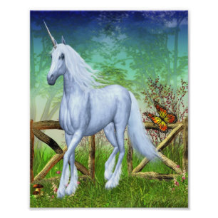 Impression Photo White Unicorn Woodland Gate Imaginaire Cheval Art