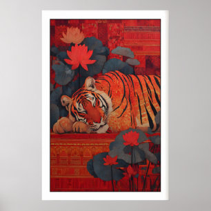 Impression sereine de tigre indien, style d'art fo