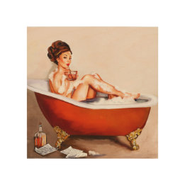 Impression Sur Bois Jolie Brunette Pinup Girl prenant un bain
