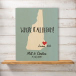 Impression Sur Bois New Hampshire Rustic Mariage couple où il a commen<br><div class="desc">Célébrez "Là où tout a commencé" pour le couple mariage avec cette belle peinture murale en bois rustique. Une carte de l'état du New Hampshire est établie contre une couleur arrière - plan de votre choix (changer la couleur en utilisant le petit goutteur d'oeil). Ajoutez l'emplacement où vous vous êtes...</div>