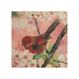 Impression Sur Bois Oiseau roux en fleurs de cerisiers