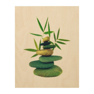 Impression Sur Bois Pierres zen empilées en équilibre avec feuilles en