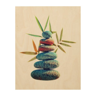 Impression Sur Bois Pierres zen empilées en équilibre avec feuilles en