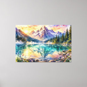 Impression sur toile aquarelle d'un lac alpin éthé