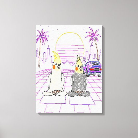"Impression sur toile Cockatiels Vaporwave Coucher (Recto)