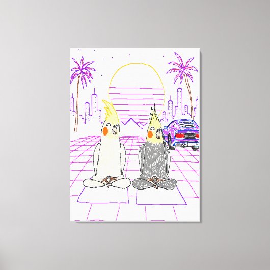 "Impression sur toile Cockatiels Vaporwave Coucher (Recto)