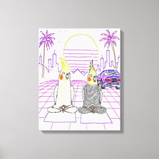 "Impression sur toile Cockatiels Vaporwave Coucher (Recto)