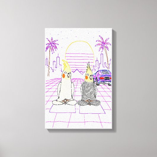 "Impression sur toile Cockatiels Vaporwave Coucher (Recto)