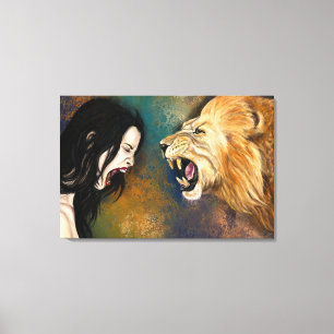 Impression sur toile Femme et Lion qui crient - Pe