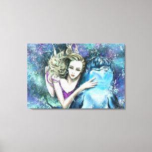 Impression sur toile - Peinture de femme et dauphi