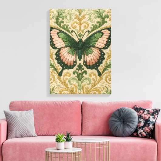 Impression sur toile tendue Papillon rose et vert (Insitu(Salon))