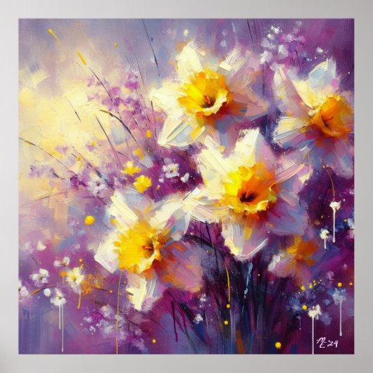 Impressionist Daffodil Floral Paarse gele kunst Poster (Voorkant)