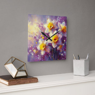 Impressionist Daffodil Floral Paarse gele kunst Vierkante Klok