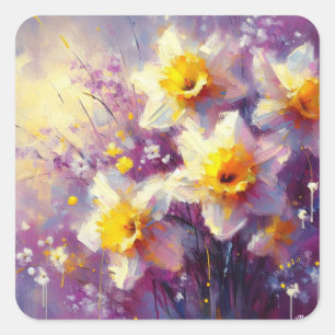 Impressionist Daffodil Floral Paarse gele kunst Vierkante Sticker