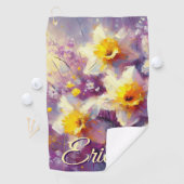 Impressionist Daffodil Floral Paarse gepersonalise Golfhanddoek (Insitu)
