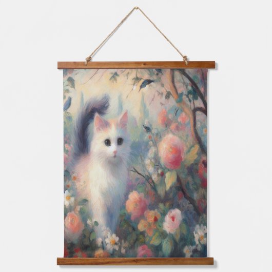Impressionist Kat en Bloemen Hout Topped Muur Tape Hangend Wandkleed (Voorkant)
