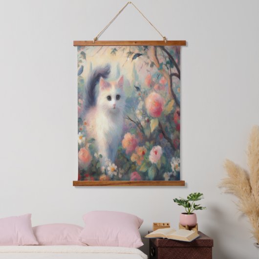 Impressionist Kat en Bloemen Hout Topped Muur Tape Hangend Wandkleed (Slaapkamer)