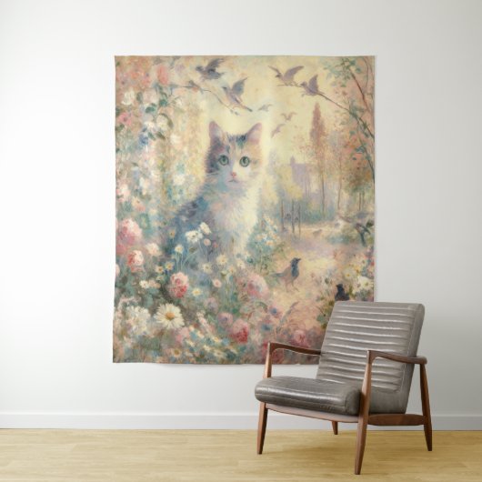 Impressionist Kat en Bloemen Tapestry Wandkleed (In situ)