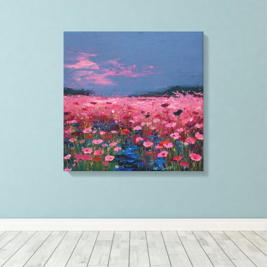 Impressionist Pink Poppy Field Textured Canvas Wal (Insitu (Houten vloer))