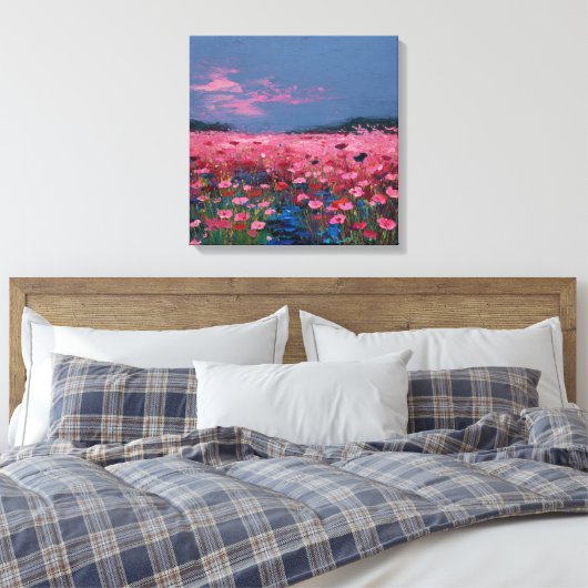 Impressionist Pink Poppy Field Textured Canvas Wal (Insitu (Slaapkamer))