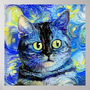 Impressionist Sterrennacht Tabby Cat Portret Poster