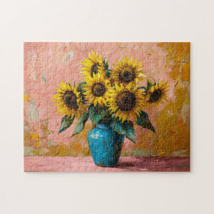 Impressionist Zonnebloemen in een Blauwe Vaas Legpuzzel