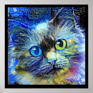 Impressionistisch Kat Portret Blue Yellow Black Poster