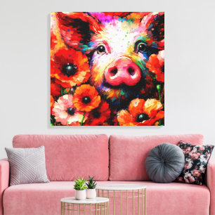 Impressionistisch varken in rode papaver bloemen canvas afdruk