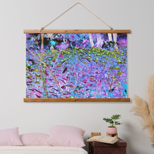Impressionistische Chartreuse en Aqua Garden Flowe Hangend Wandkleed (Slaapkamer)