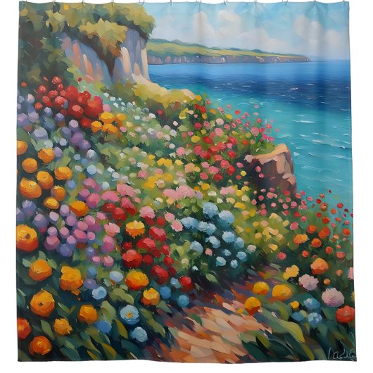 Impressionistische Cliffside Flowers met uitzicht Douchegordijn (Voorkant)