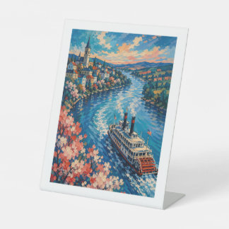 Impressionistische rivierboot dorpscruise reclamebord met voetstuk