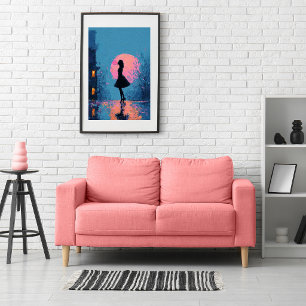 Impressionistische Roze Maan Vrouw Bubble Gum Bel Poster