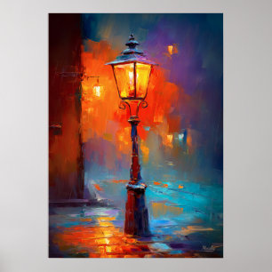 Impressionistische straatlant nacht stads schilder poster